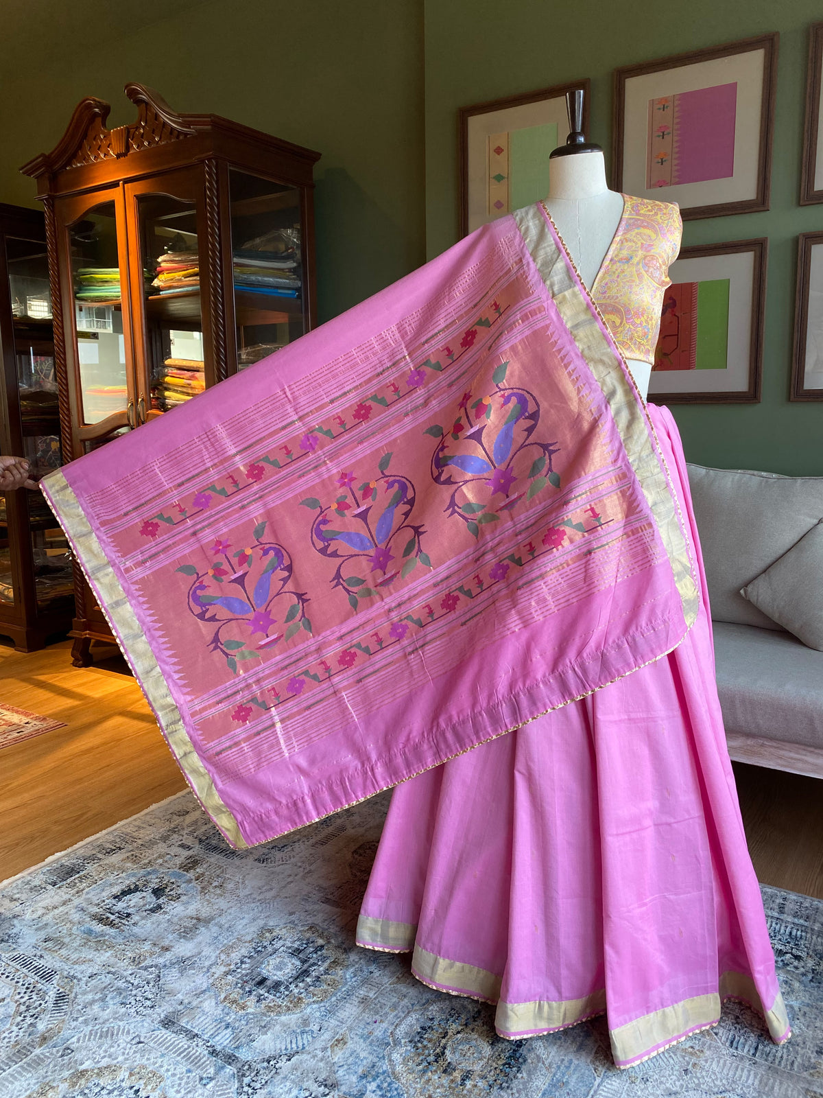 Light Pink Cotton Paithani with Peacock Pallu
