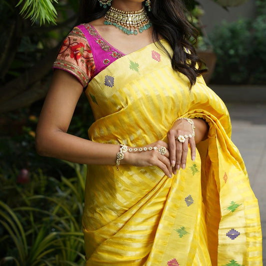 Yellow Rekh Paithani with Barao Panja Border