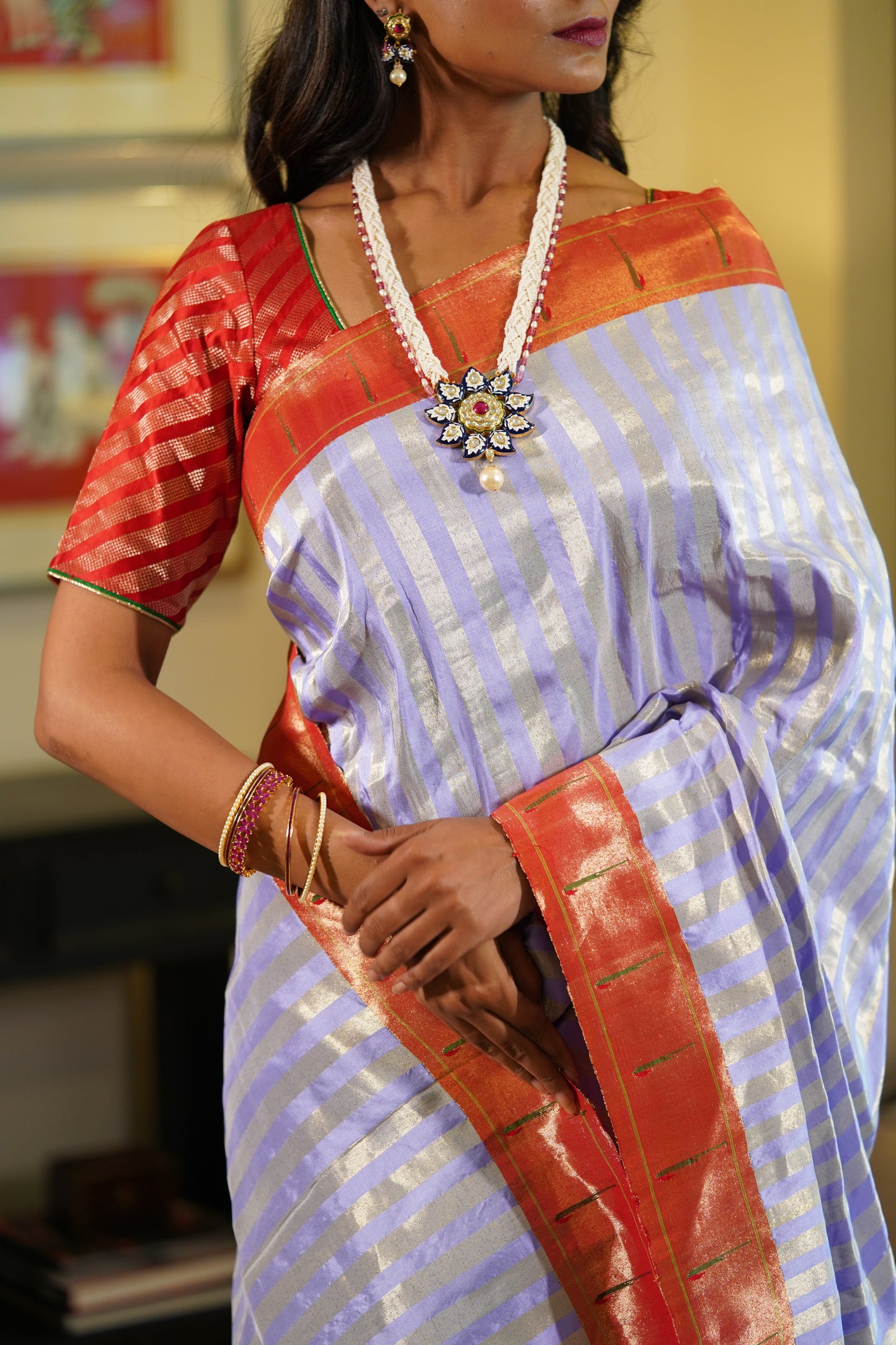 Lavender Rekh Paithani with Contrast Muniya Border