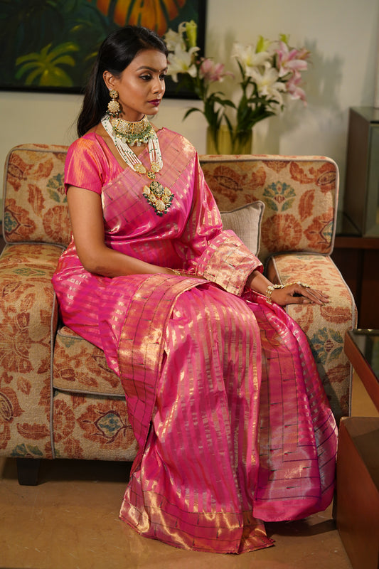 Rani Pink Rekh Paithani with Triple Muniya Border