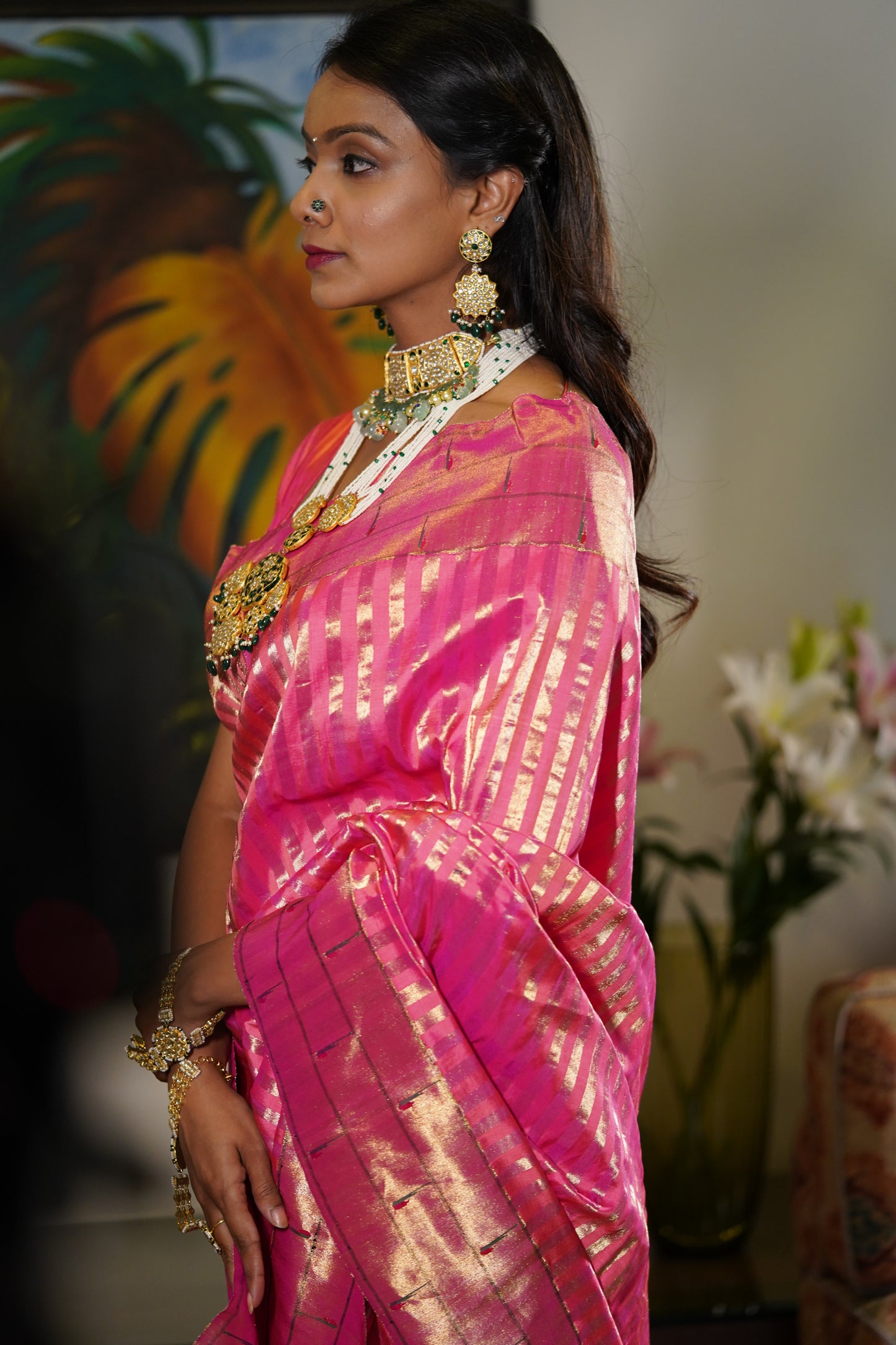 Rani Pink Rekh Paithani with Triple Muniya Border