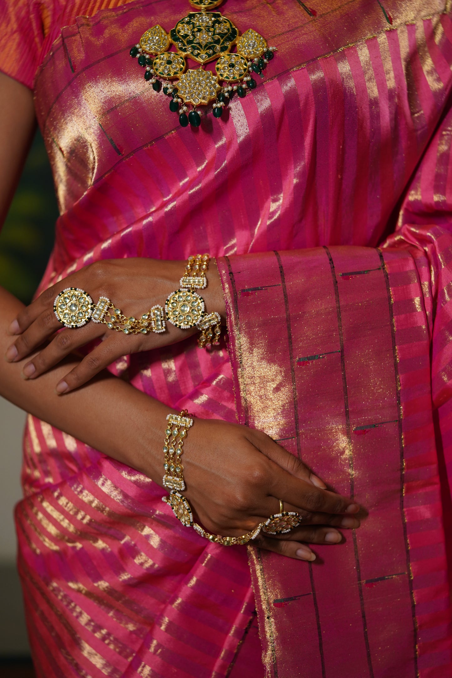 Rani Pink Rekh Paithani with Triple Muniya Border
