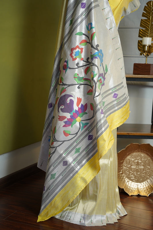 Yellow & Silver Tissue Paithani with Parrots & Swan Pallu
