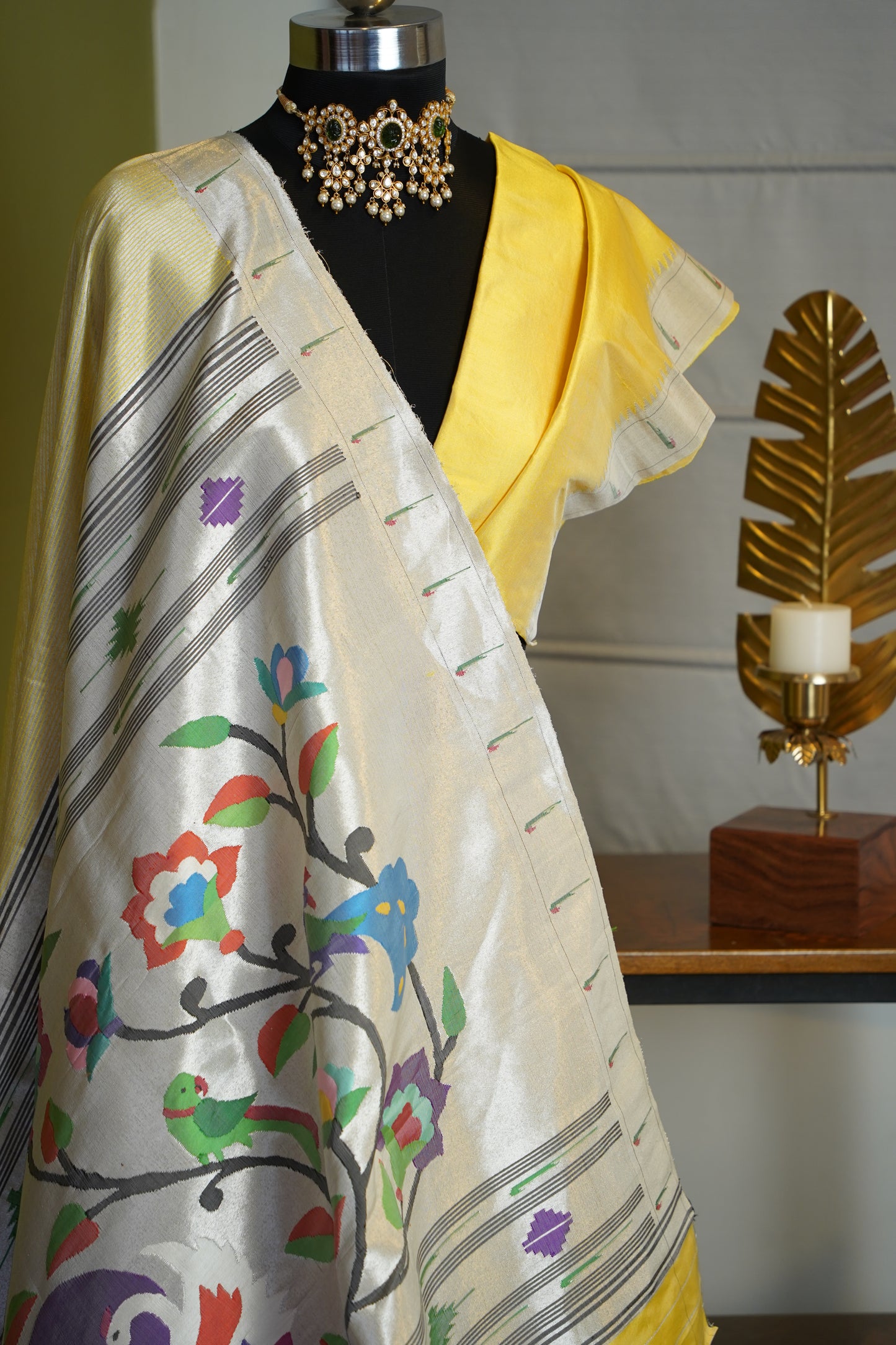 Yellow & Silver Tissue Paithani with Parrots & Swan Pallu