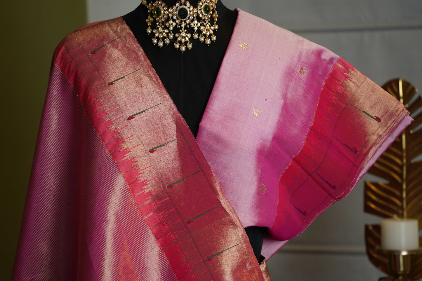 Pink & Gold Tissue Sari with Muniya & Temple Border, Vintage Floral Pallu