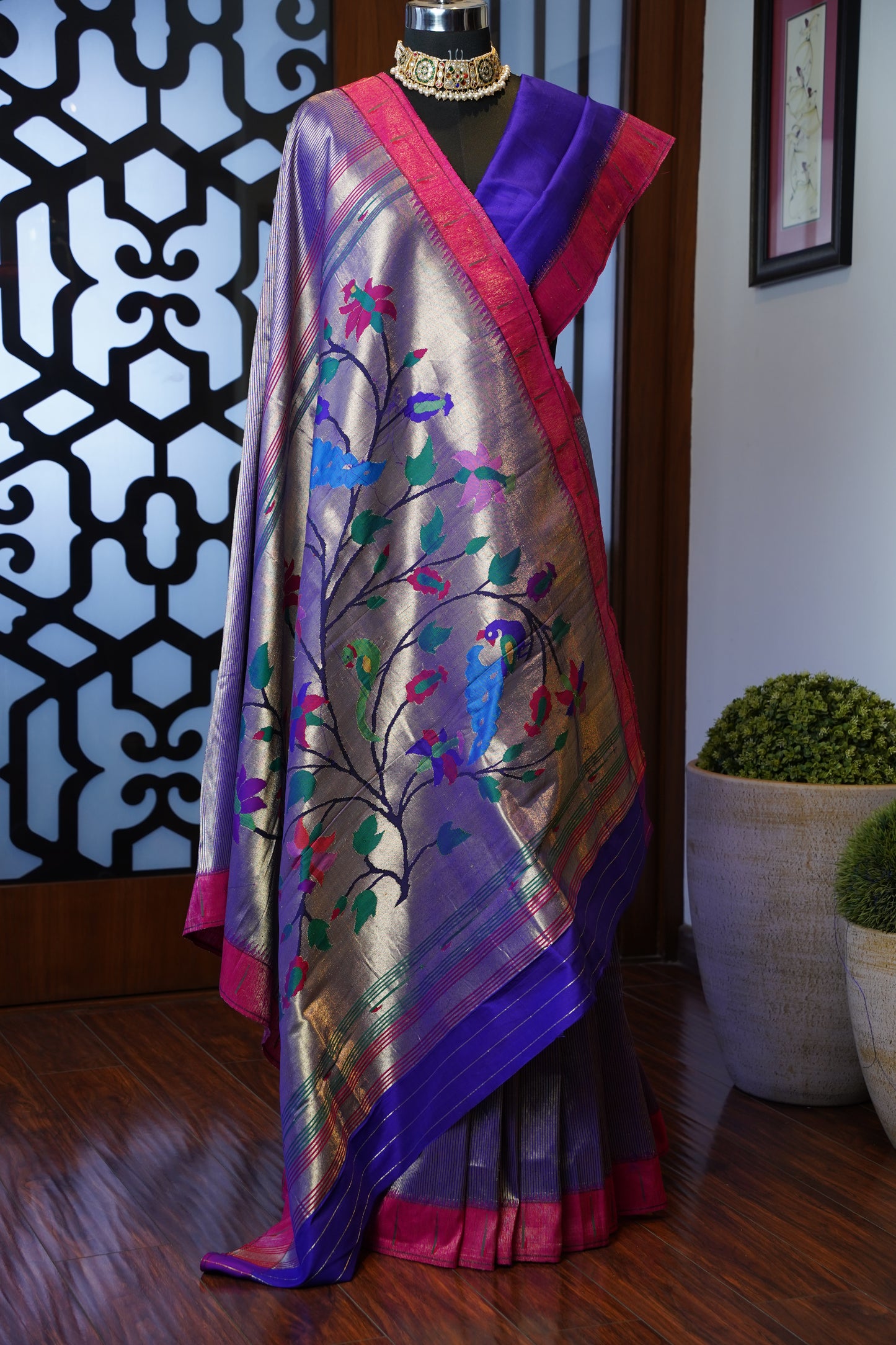 Purple & Gold Tissue Paithani with Magenta Muniya Border, Large Tree of Life Pallu