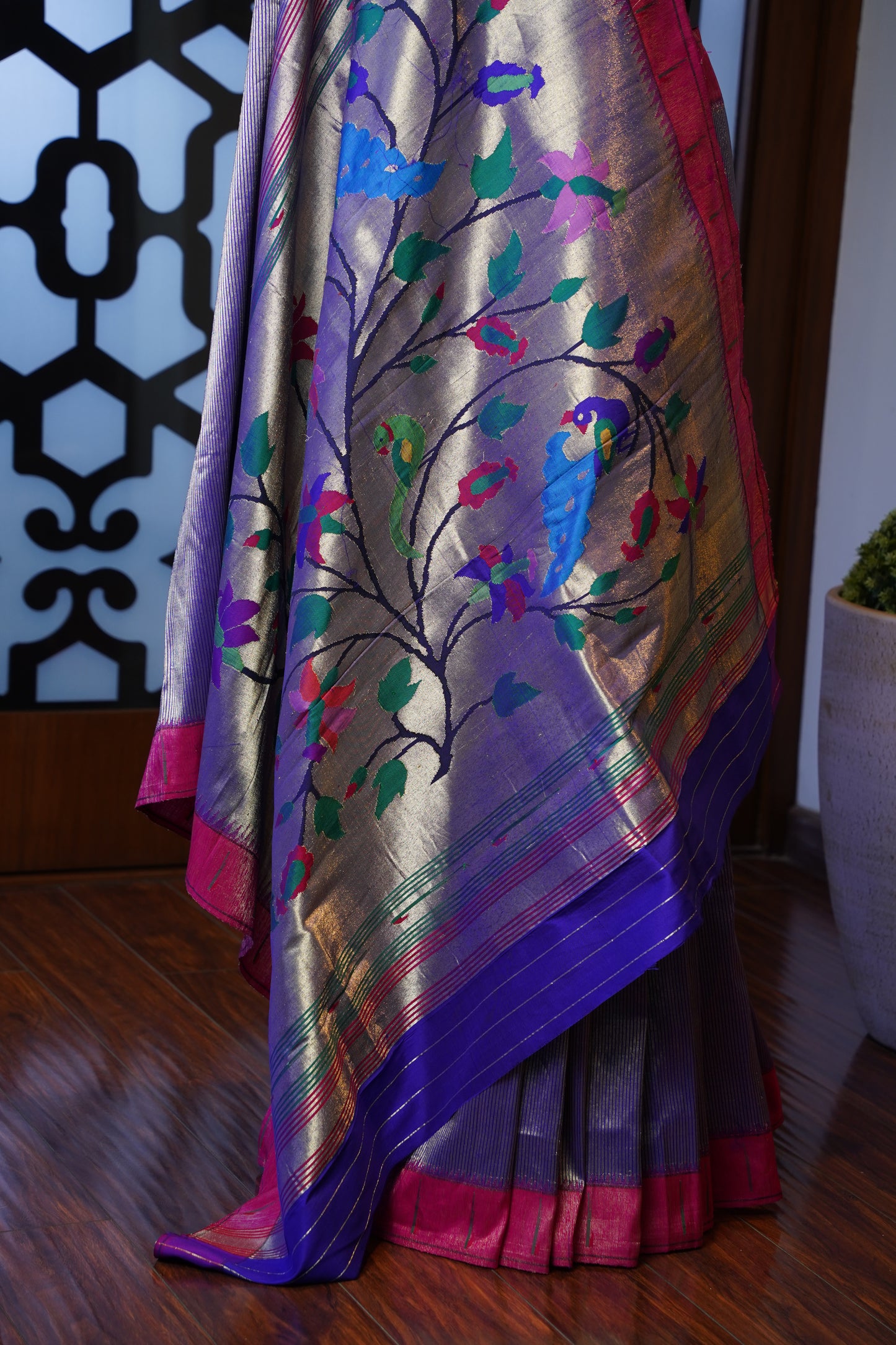 Purple & Gold Tissue Paithani with Magenta Muniya Border, Large Tree of Life Pallu