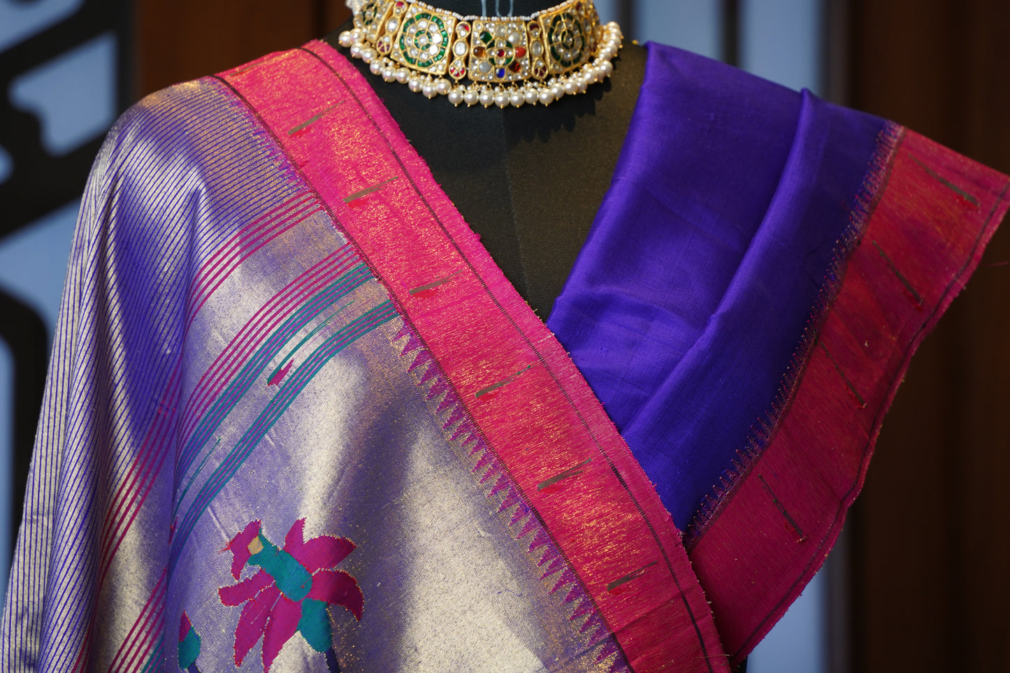 Purple & Gold Tissue Paithani with Magenta Muniya Border, Large Tree of Life Pallu
