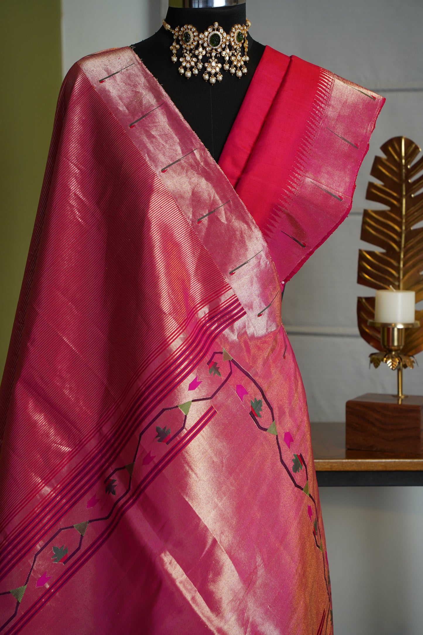 Bright Pink & Gold Tissue Paithani with Tava Patti Pallu