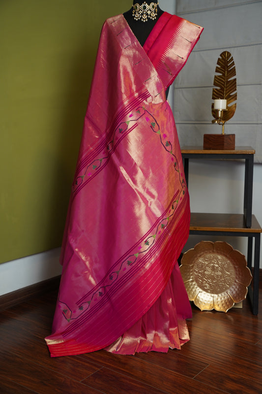 Bright Pink & Gold Tissue Paithani with Tava Patti Pallu