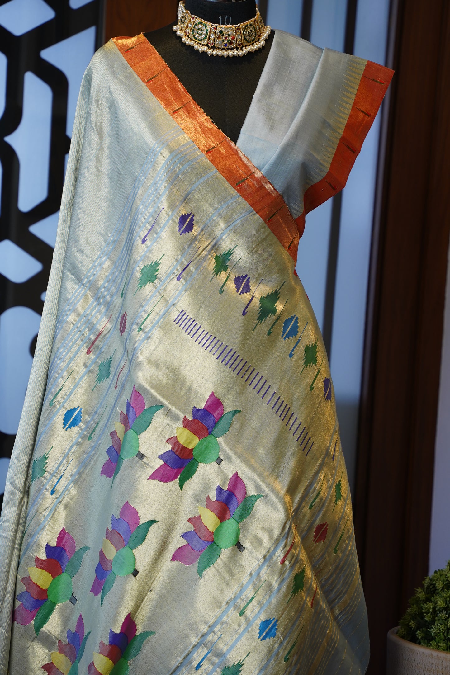 Ice Grey & Gold Tissue Paithani with Contrasting Muniya Border & Lotus Pallu