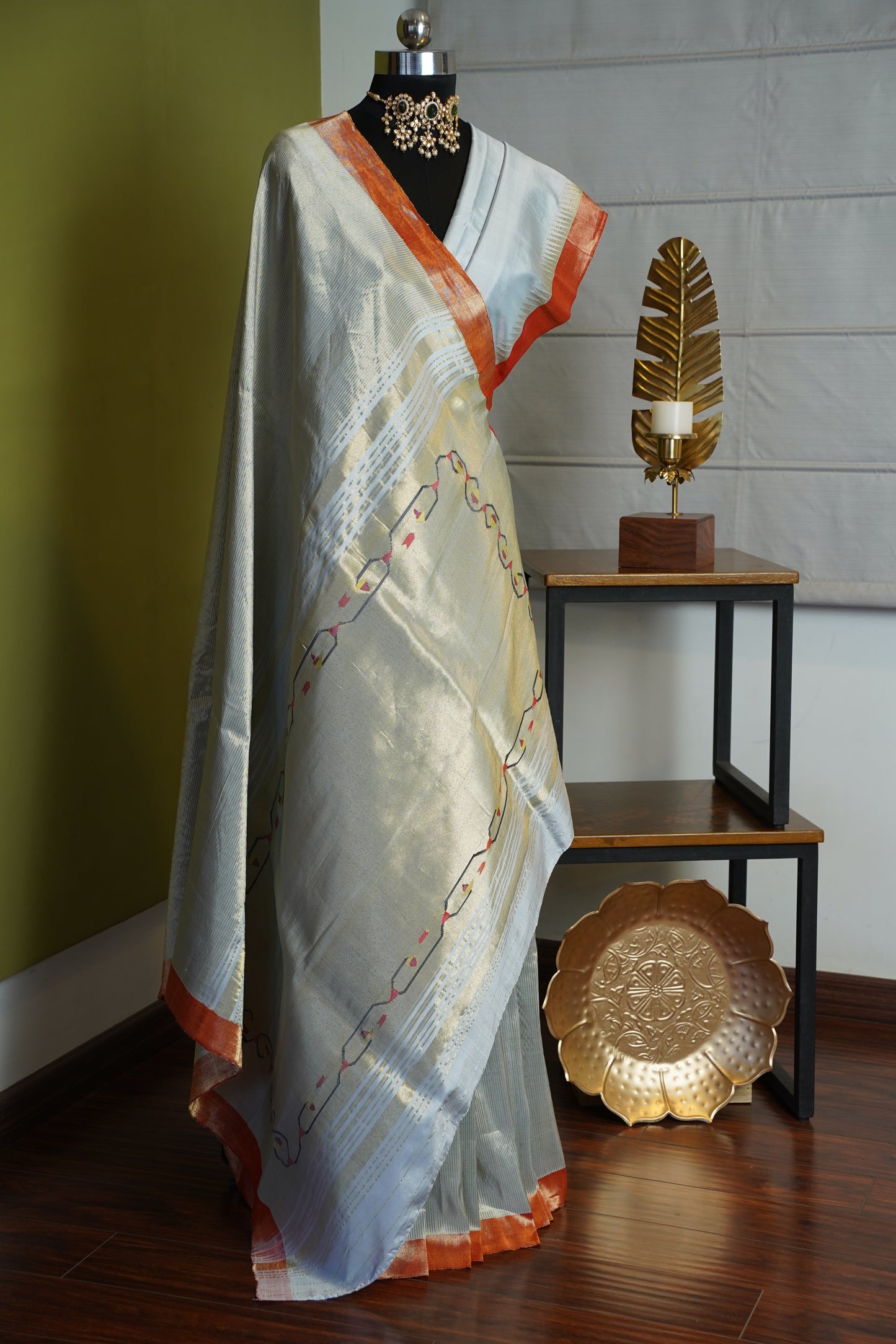 Dull Grey & Gold Tissue Paithani with Contrast Border & Tava Pallu