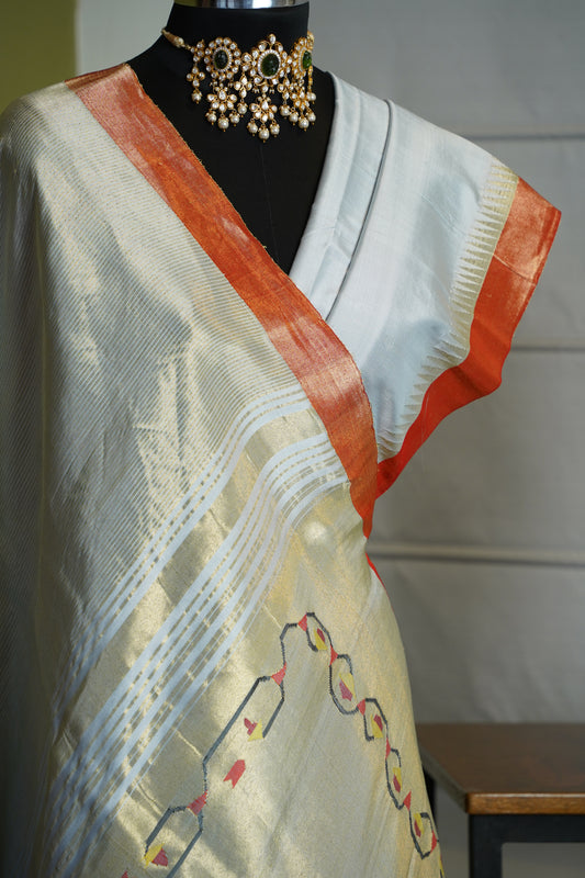 Dull Grey & Gold Tissue Paithani with Contrast Border & Tava Pallu