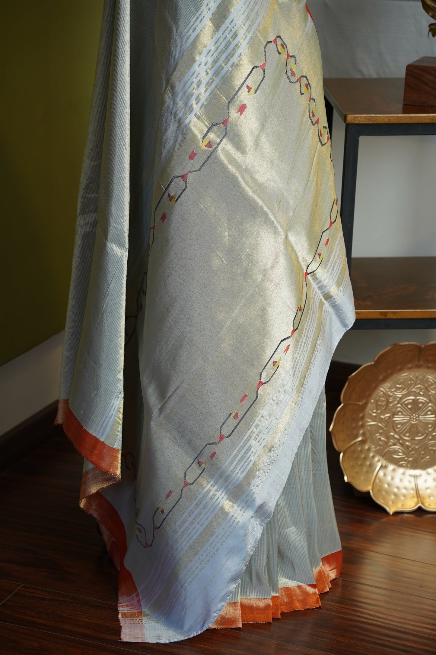 Dull Grey & Gold Tissue Paithani with Contrast Border & Tava Pallu