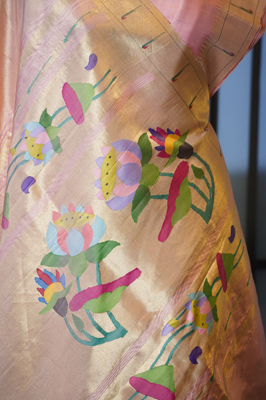 Baby Pink & Gold Tissue Paithani with Lotus Pallu