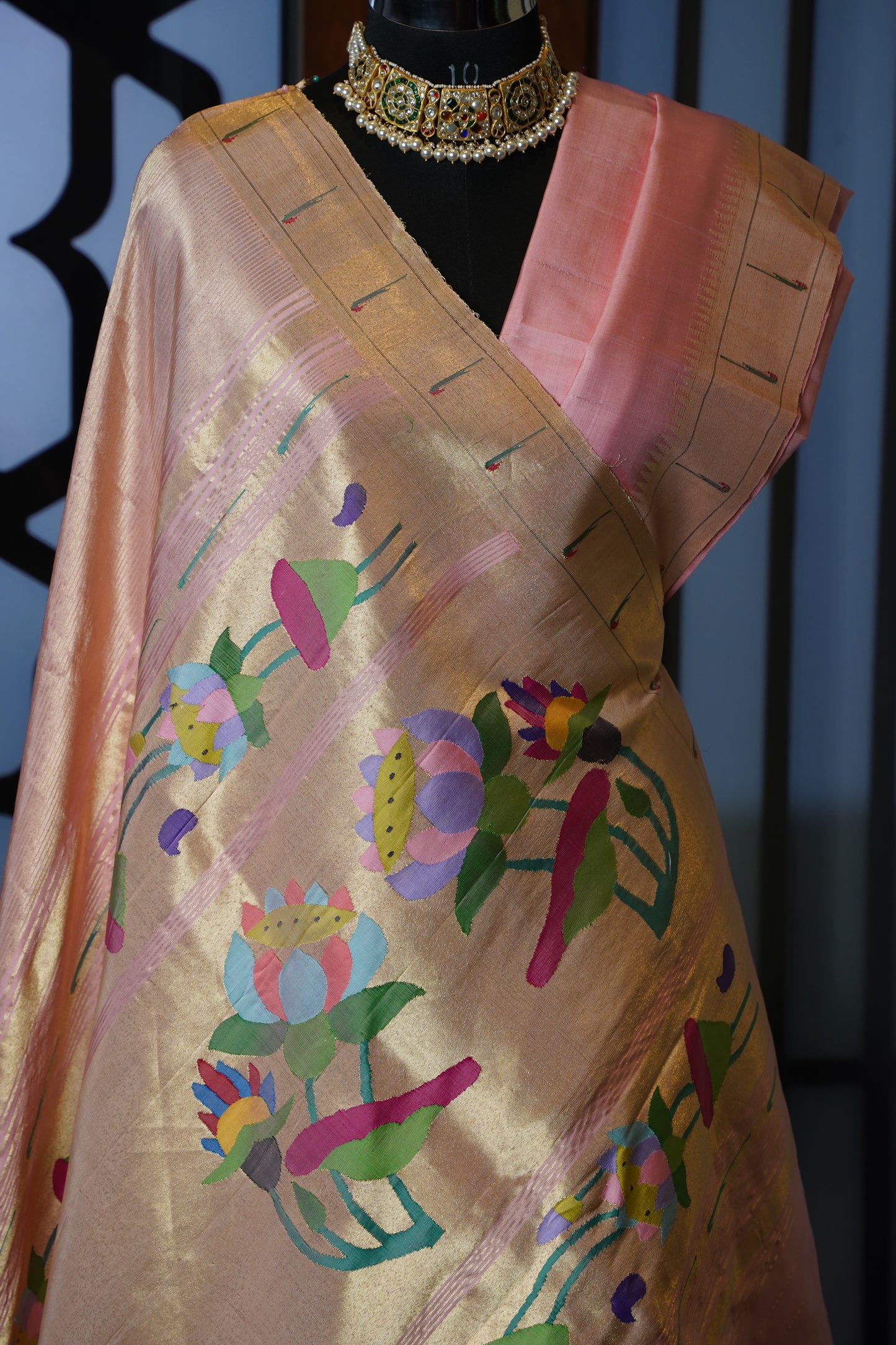 Baby Pink & Gold Tissue Paithani with Lotus Pallu