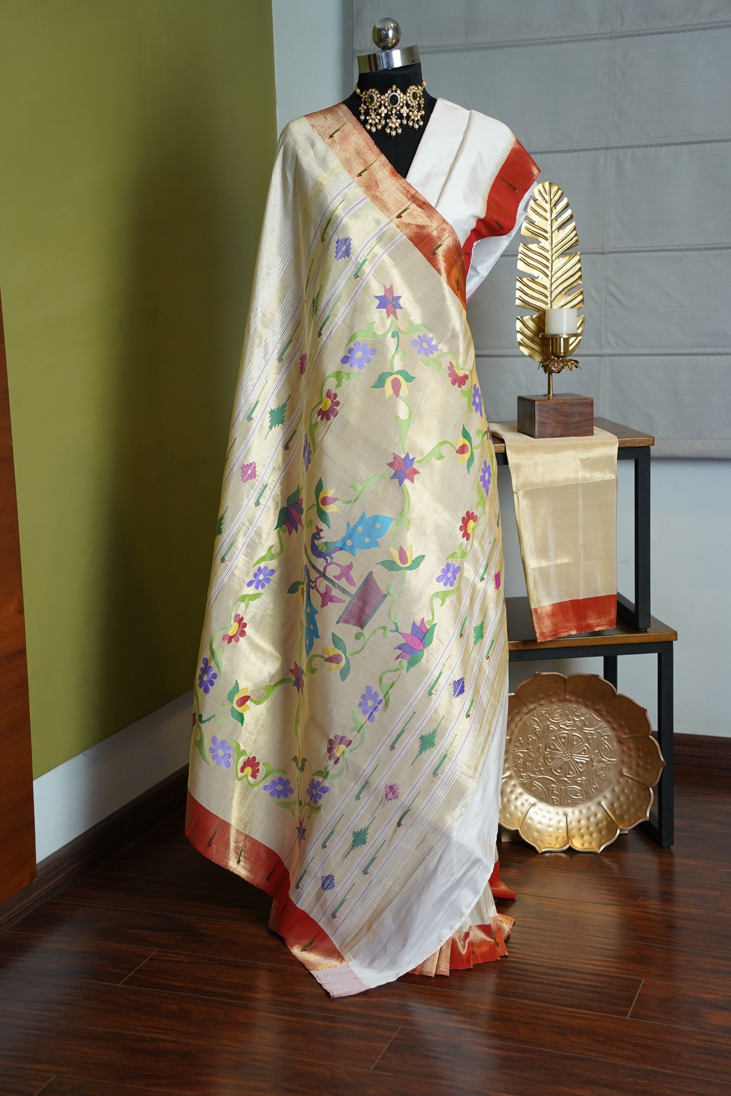 White & Gold Tissue Paithani with Red Muniya Border & Peacock Pallu