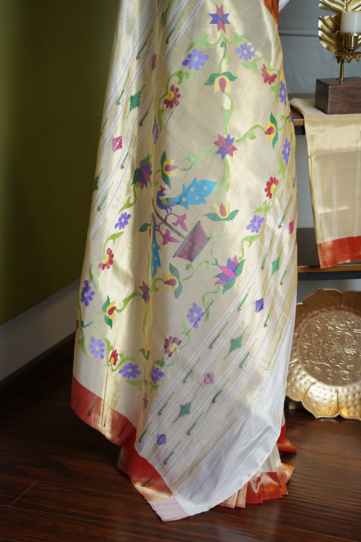 White & Gold Tissue Paithani with Red Muniya Border & Peacock Pallu