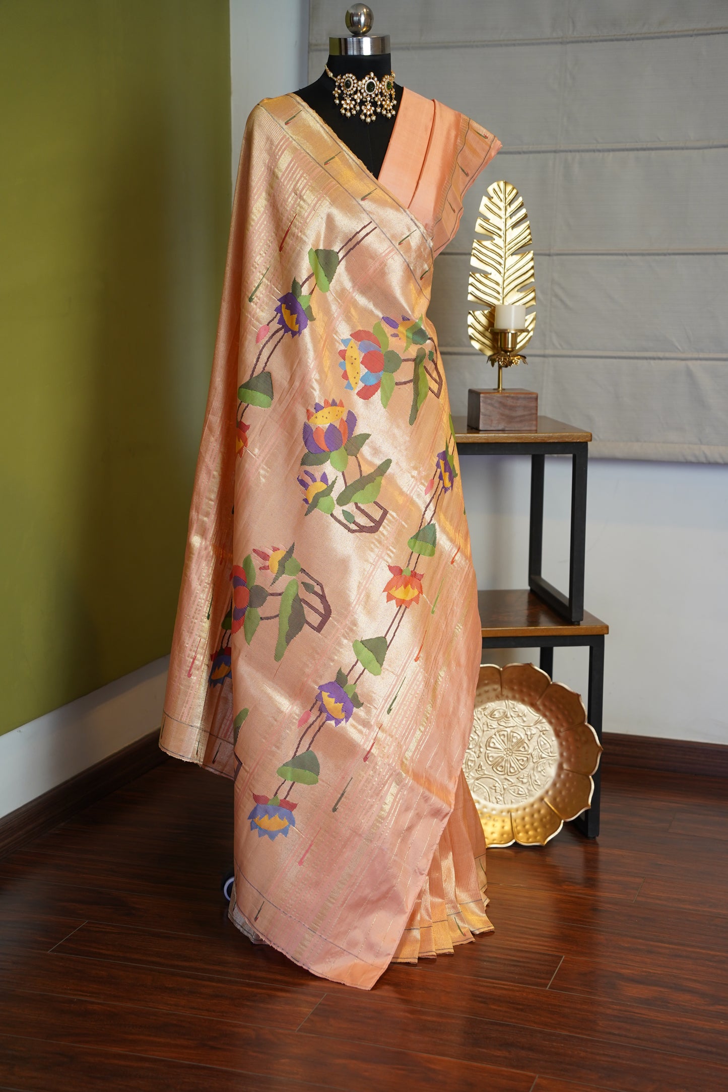 Peach & Gold Tissue Paithani with Lotus Pallu