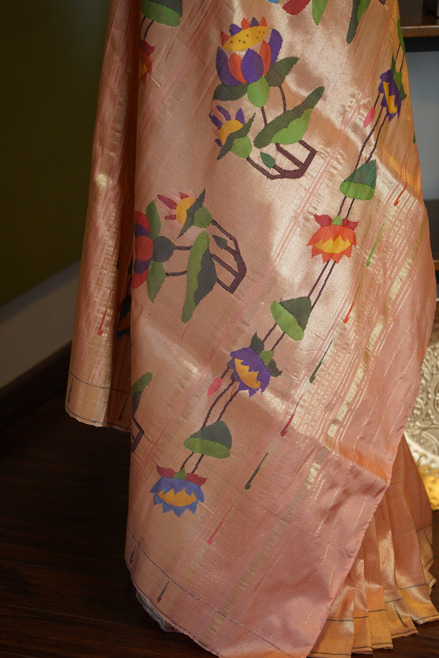 Peach & Gold Tissue Paithani with Lotus Pallu
