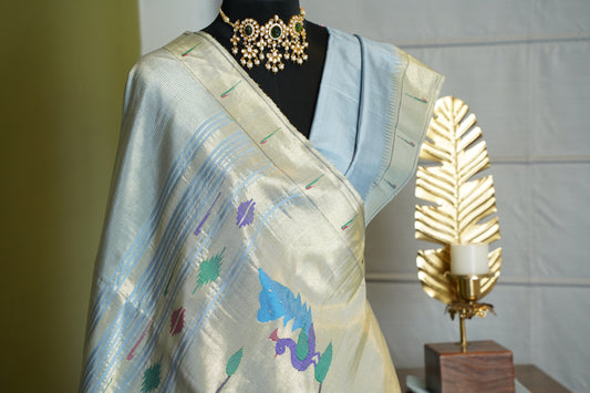 Dull Blue & Gold Tissue Paithani with Double Peacock Pallu