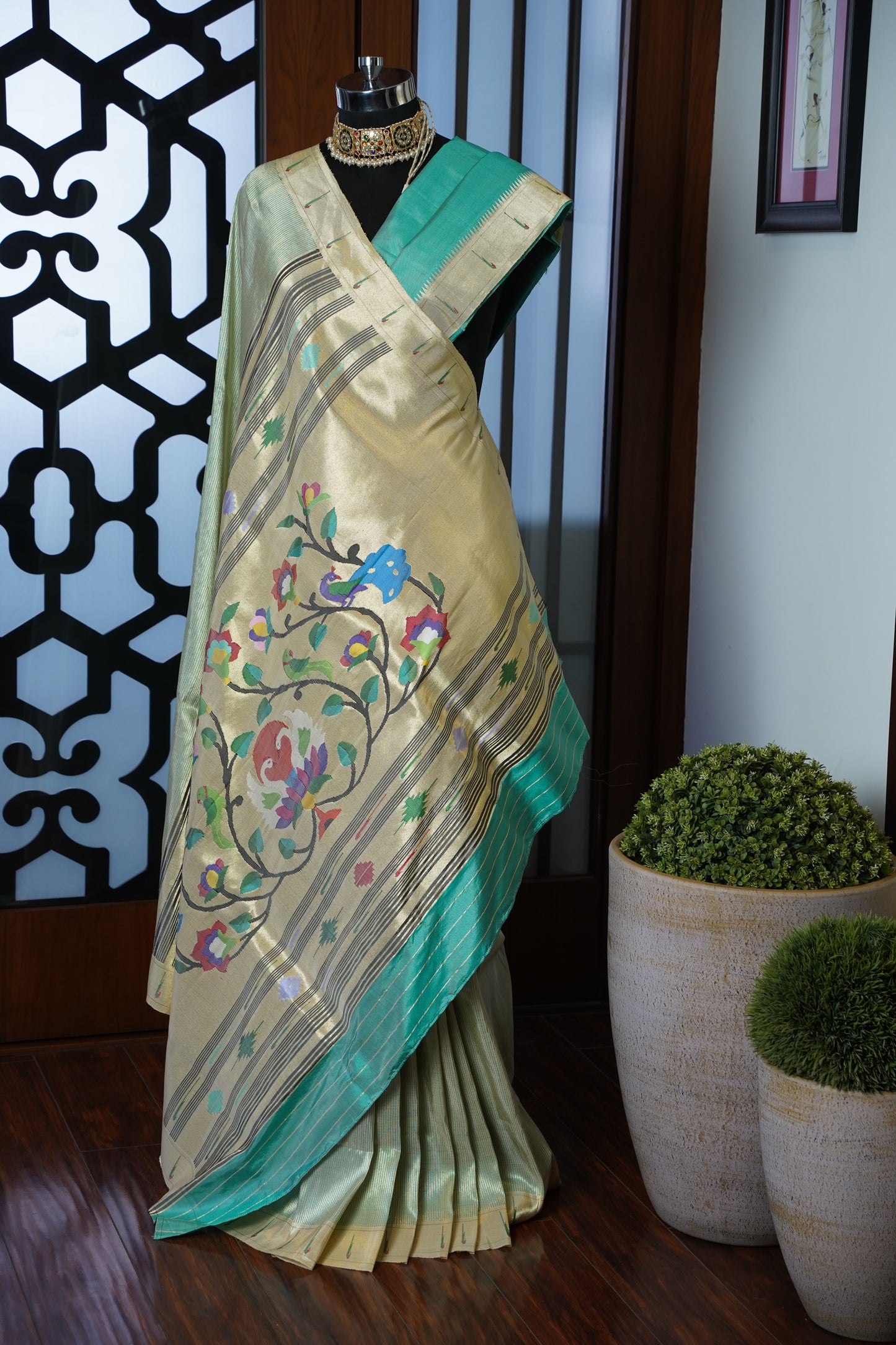 Green & Gold Tissue Paithani with Parrot & Swan Pallu
