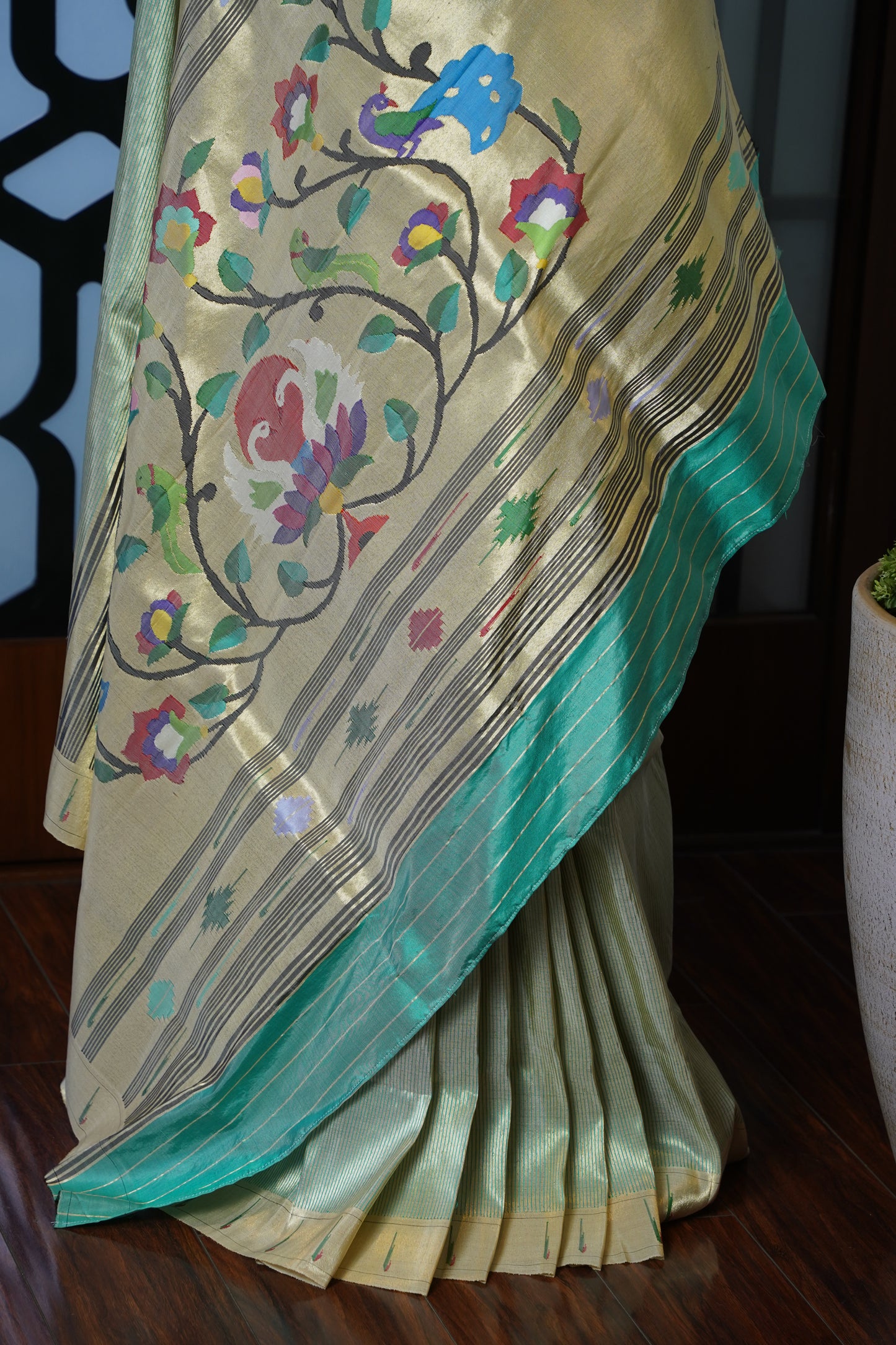Green & Gold Tissue Paithani with Parrot & Swan Pallu