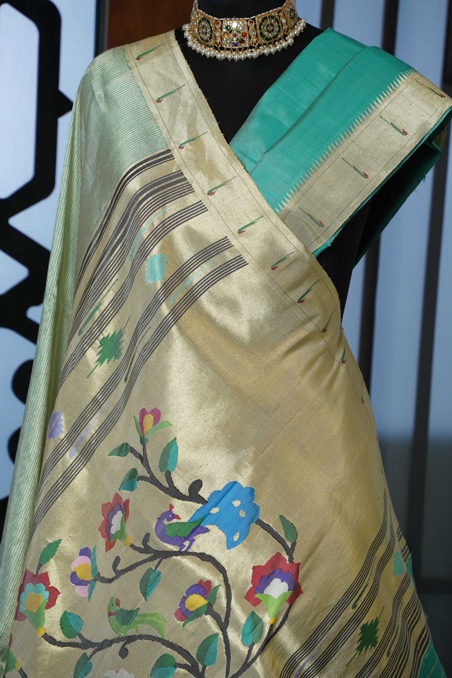 Green & Gold Tissue Paithani with Parrot & Swan Pallu