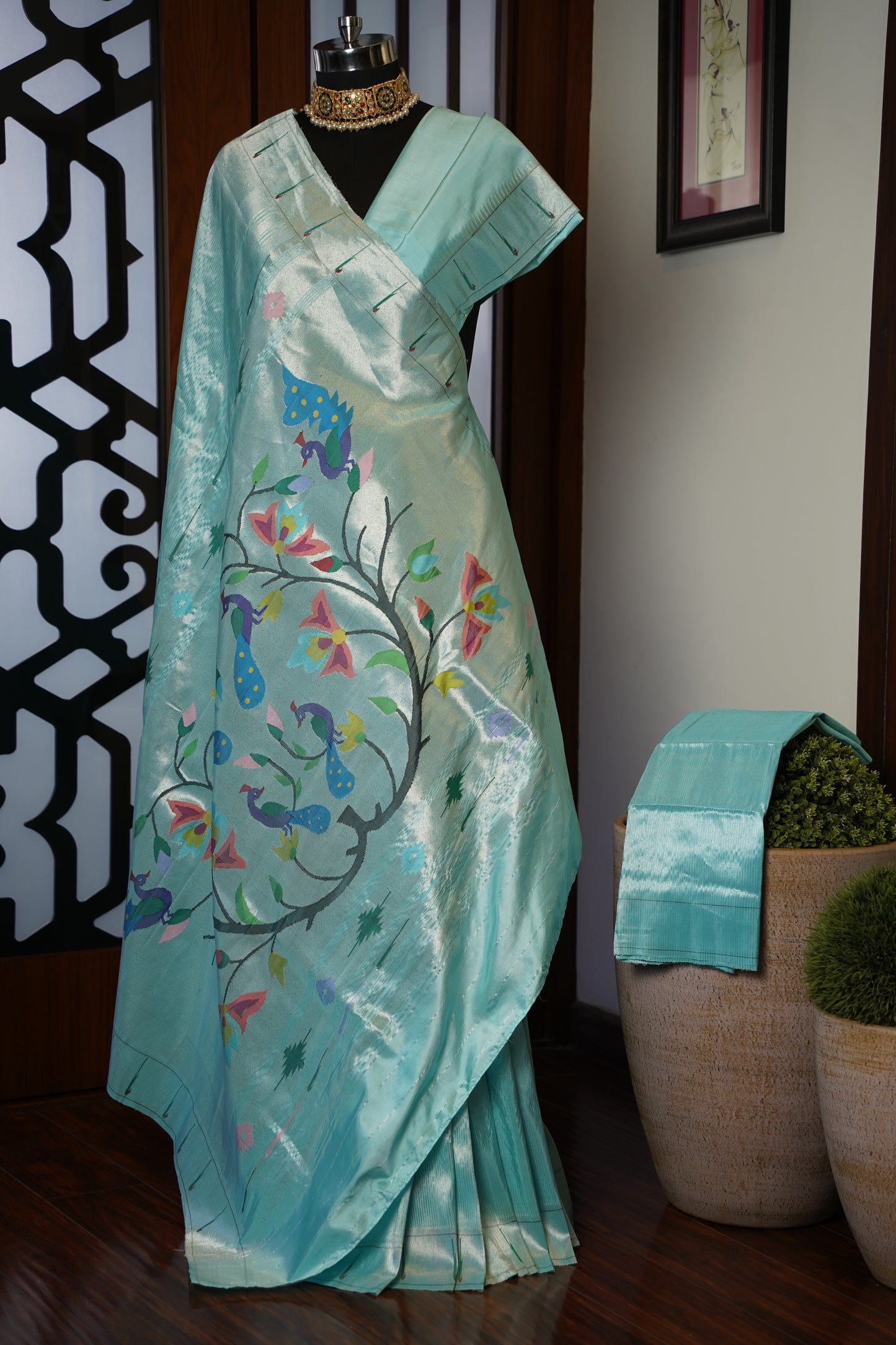 Aqua & Silver Tissue Paithani Saree with Muniya Border & Tree of Life Pallu