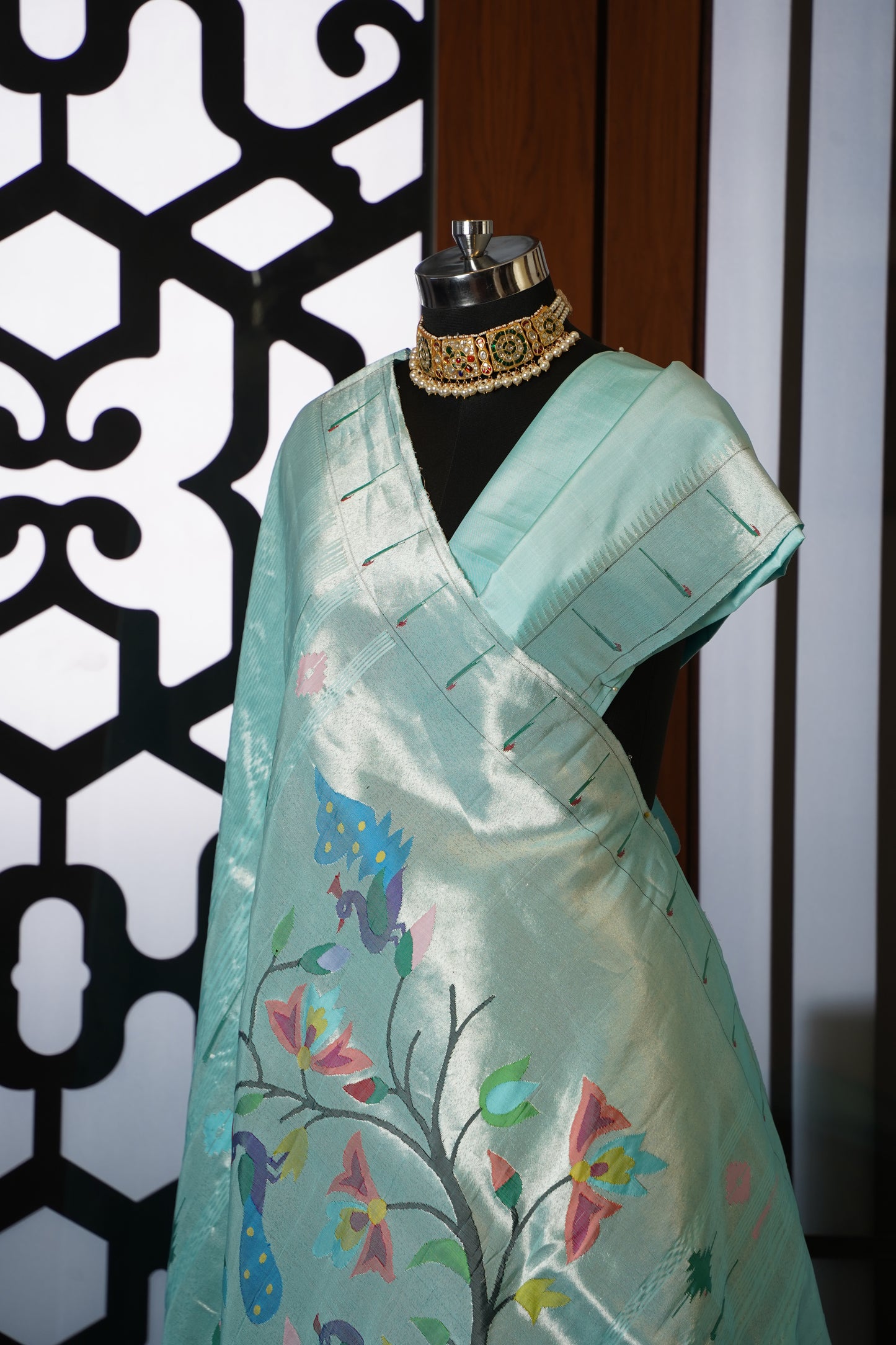 Aqua & Silver Tissue Paithani Saree with Muniya Border & Tree of Life Pallu