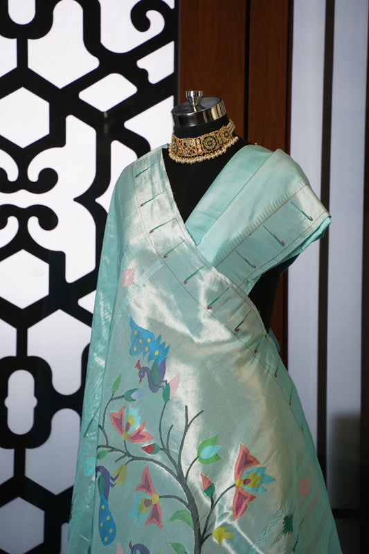 Aqua & Silver Tissue Paithani Saree with Muniya Border & Tree of Life Pallu