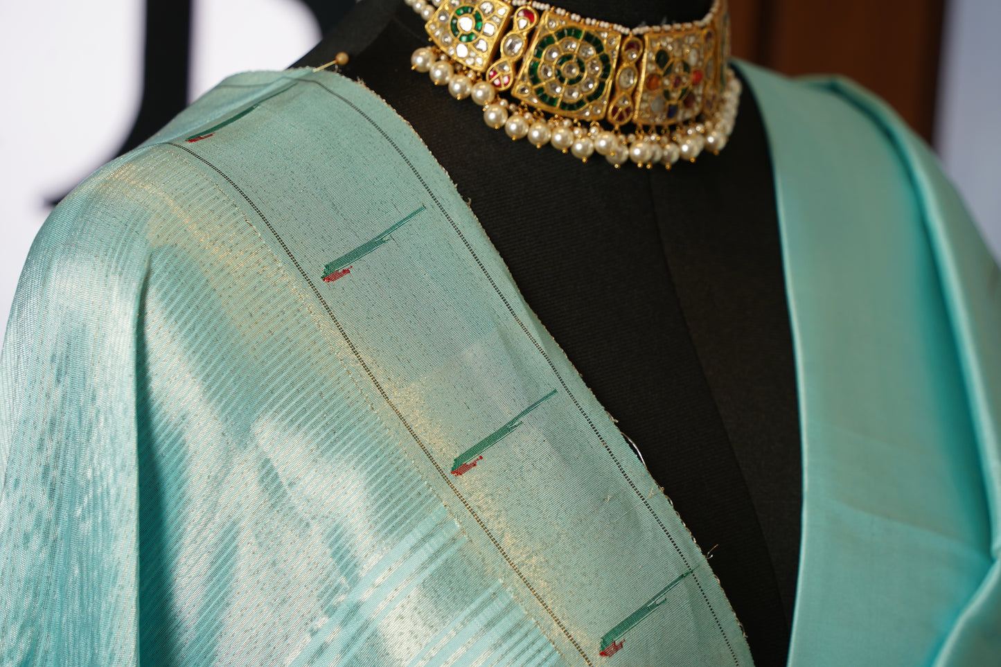 Aqua & Silver Tissue Paithani Saree with Muniya Border & Tree of Life Pallu