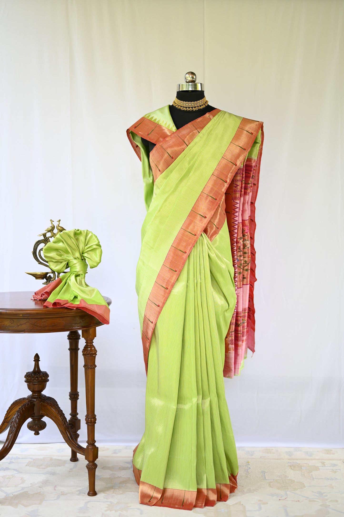 Parrot Green & Gold Tissue Paithani with Asavali Pallu