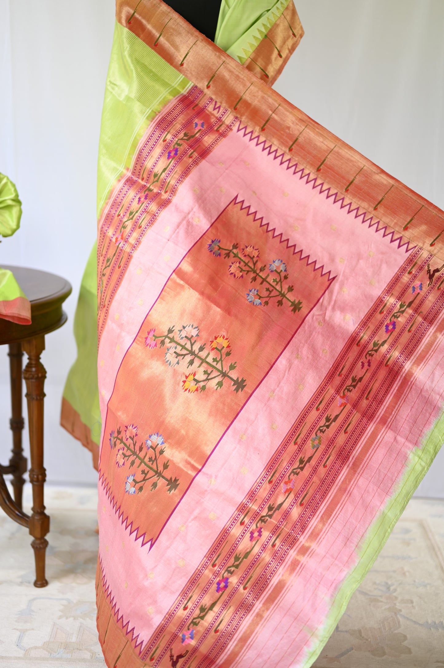 Parrot Green & Gold Tissue Paithani with Asavali Pallu
