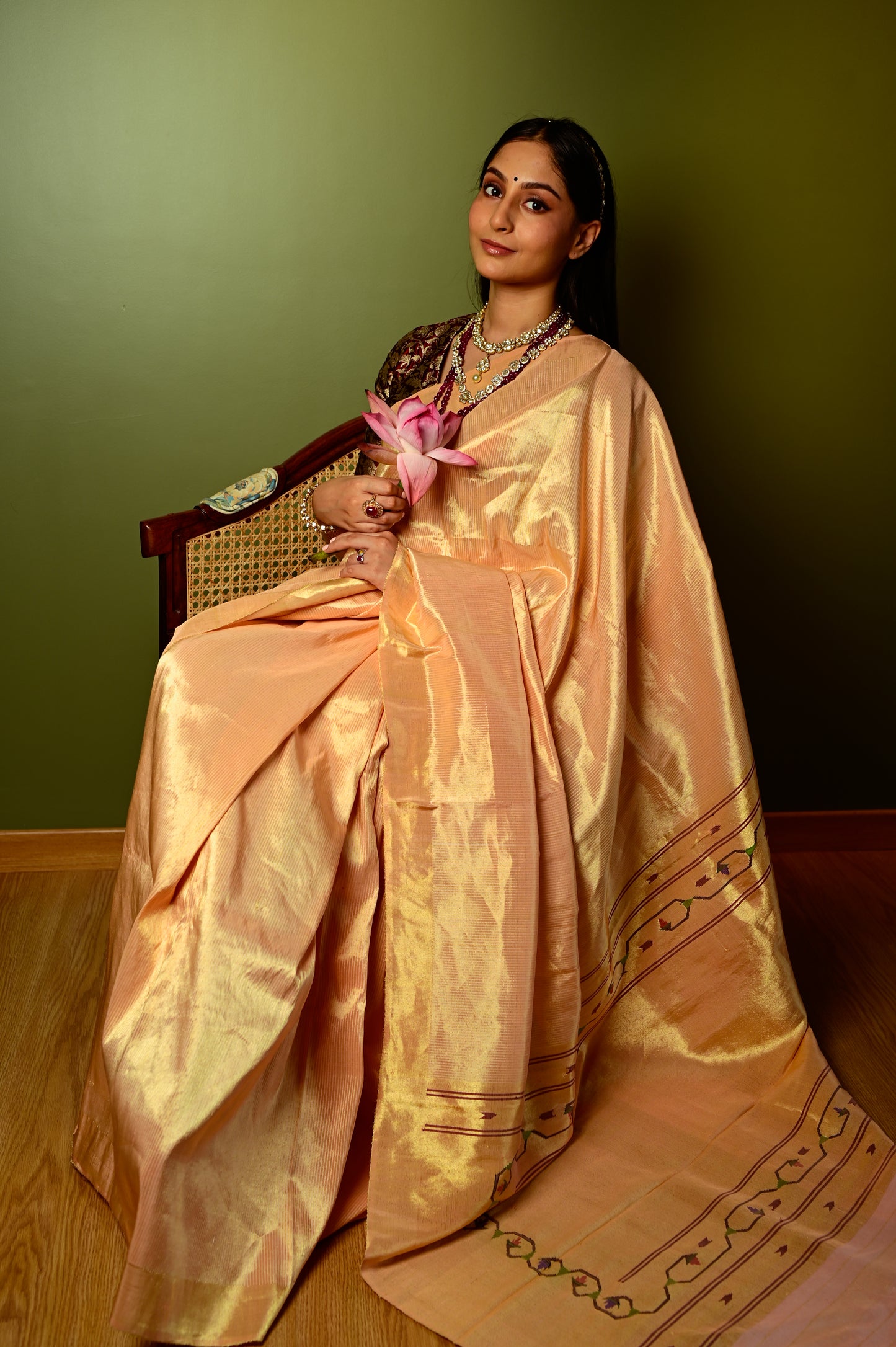 Peach and Gold Tissue Sari with Tava Pallu