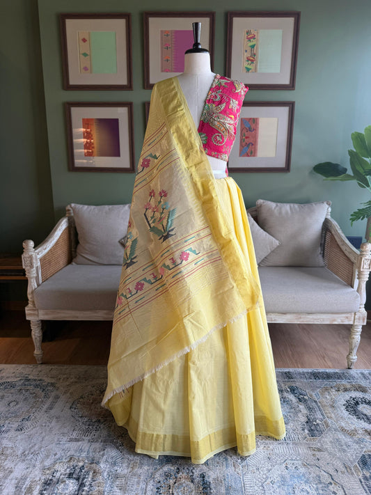 Light Yellow Cotton Paithani with Asavali Pallu
