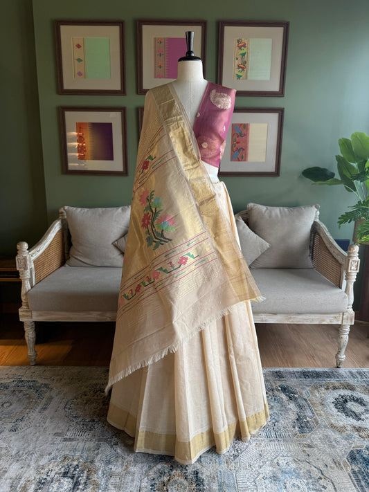 Beige Cotton Paithani with Floral Pallu
