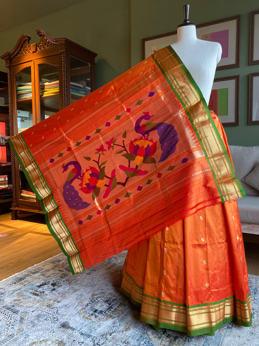 Orange Paithani with Large Peacock Pallu