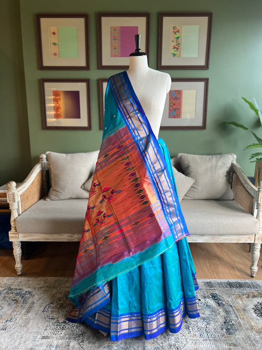 Blue Paithani with Dark Blue Border and Peacock Pallu