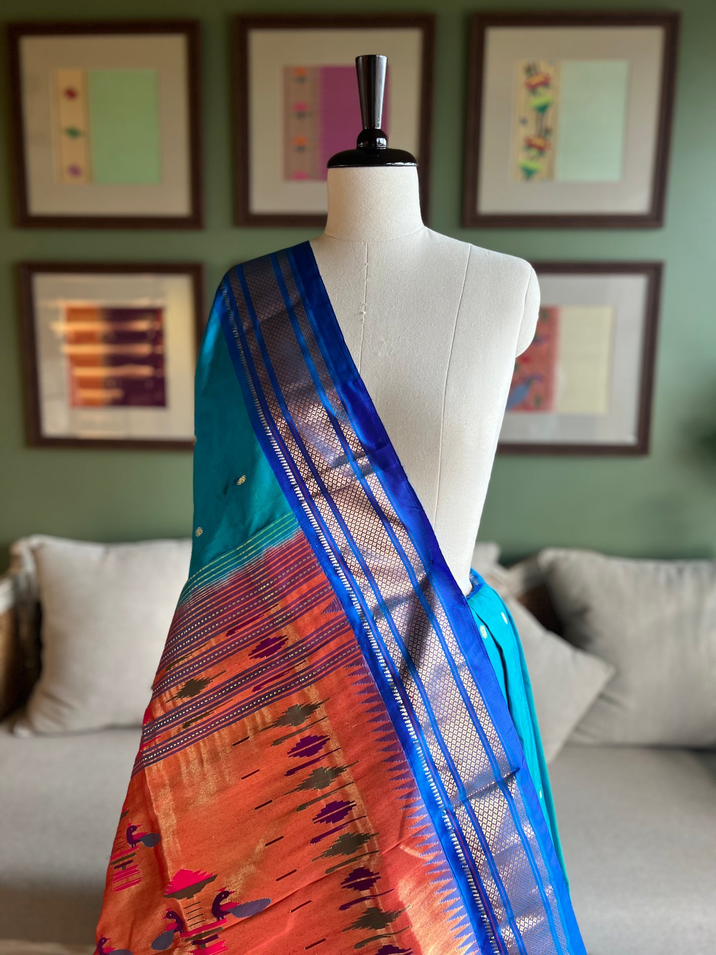 Blue Paithani with Dark Blue Border and Peacock Pallu