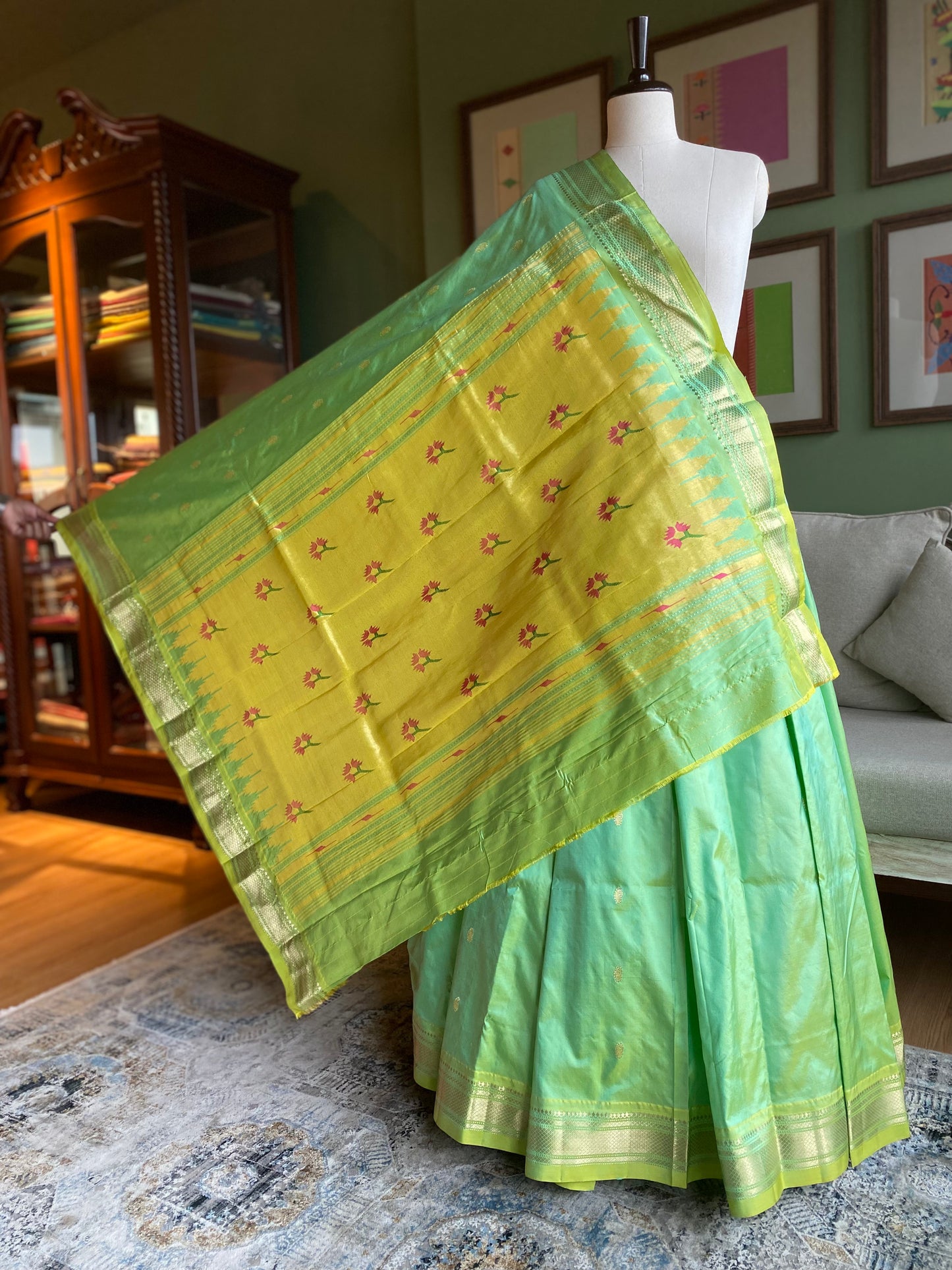 Lime Green x Yellow Paithani with Asavali Motif Pallu