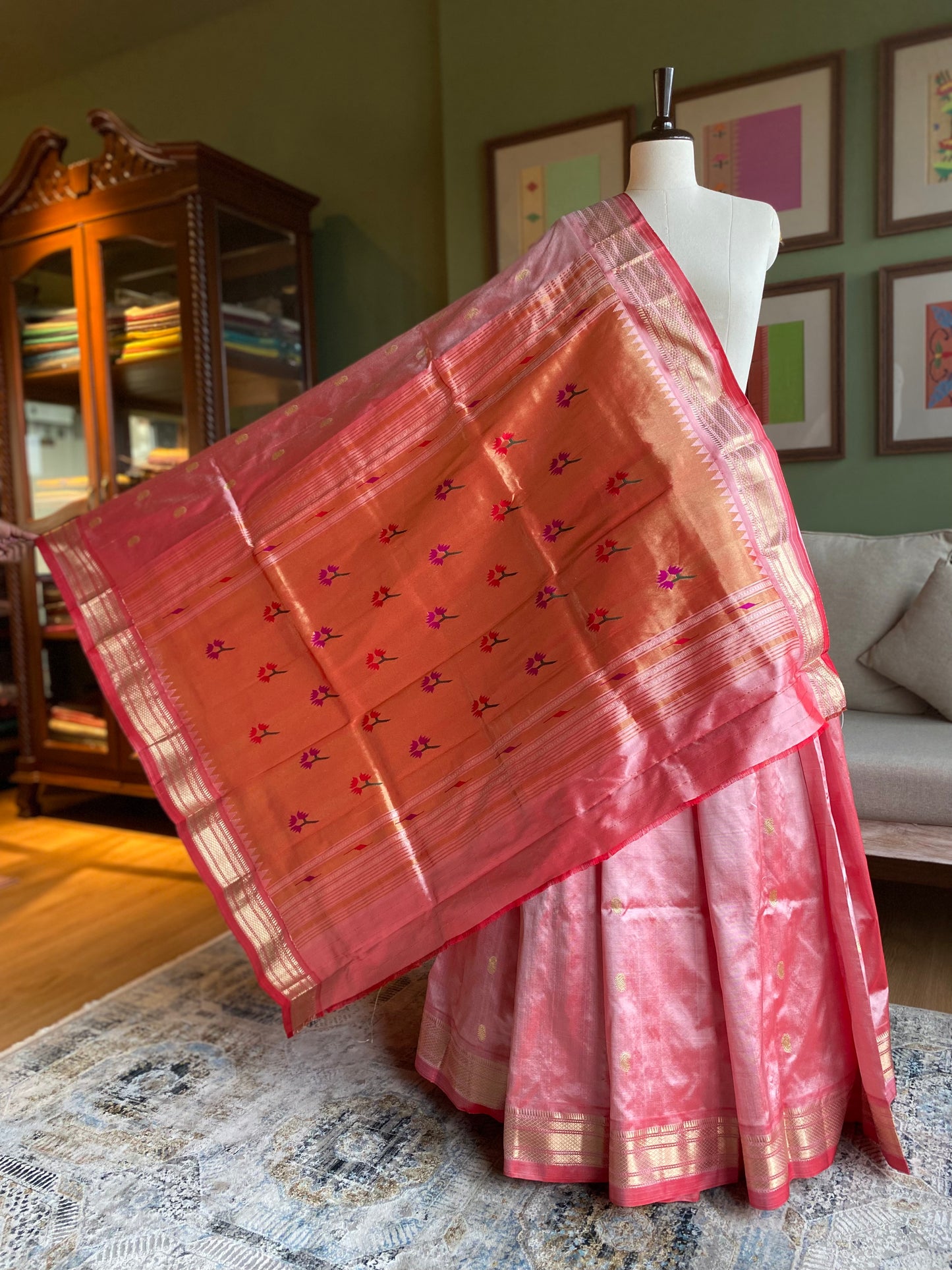 Peachy Pink Paithani with Asavali Motif Pallu