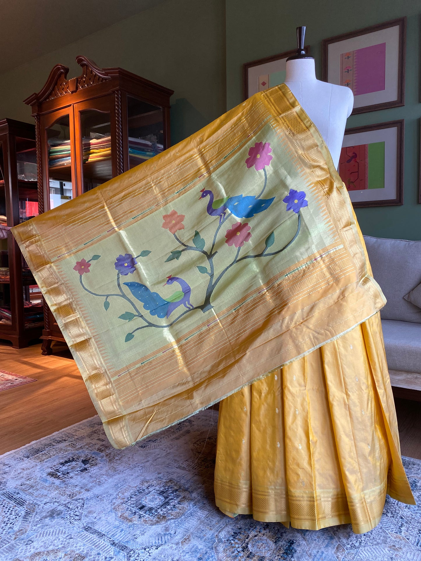 Light Yellow Paithani with Large Peacock Pallu