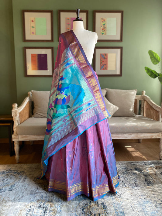 Purple x Blue Paithani with Lotus - Peacock Pallu