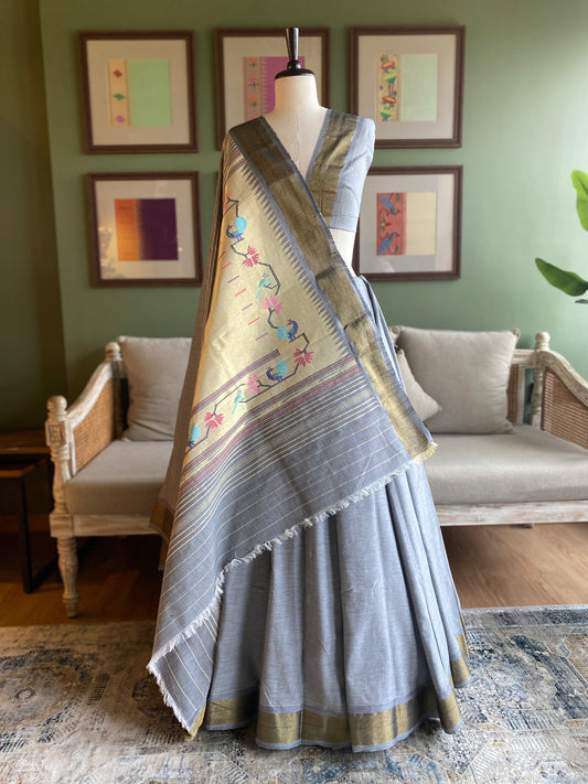 Grey Cotton Paithani with Peacock/Parrot Tava Pallu