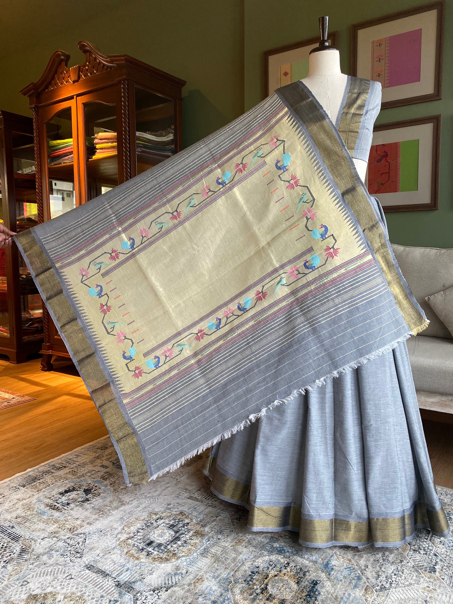 Grey Cotton Paithani with Peacock/Parrot Tava Pallu