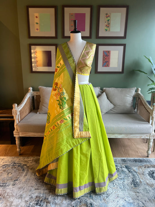 Lime Green Cotton Paithani with Floral Pallu