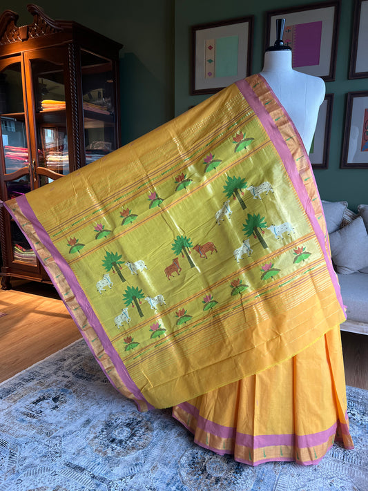 Yellow Cotton Paithani with Muniya Border and Pichwai Pallu