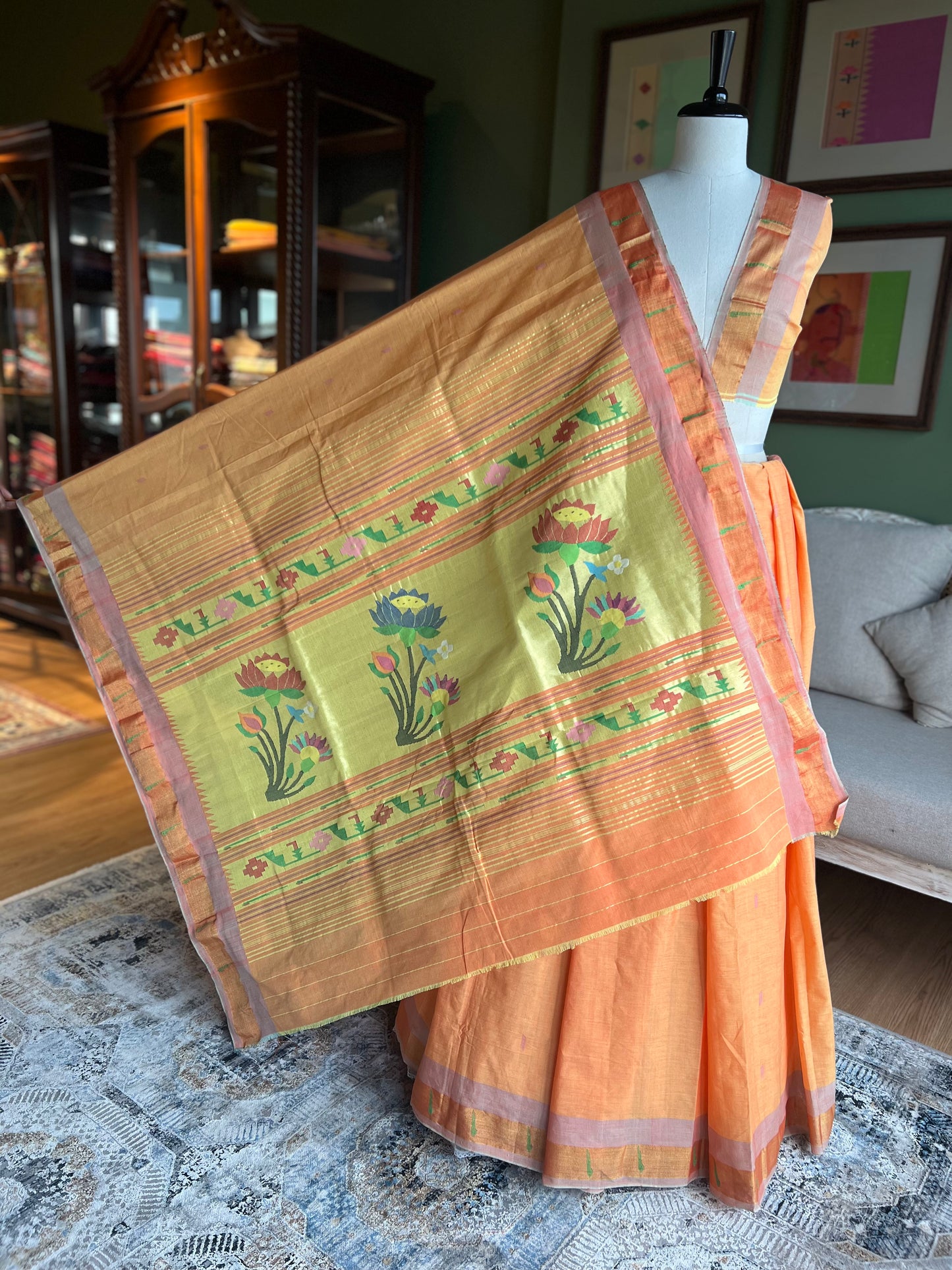 Light Orange Cotton Paithani with Muniya Border and Lotus Pallu
