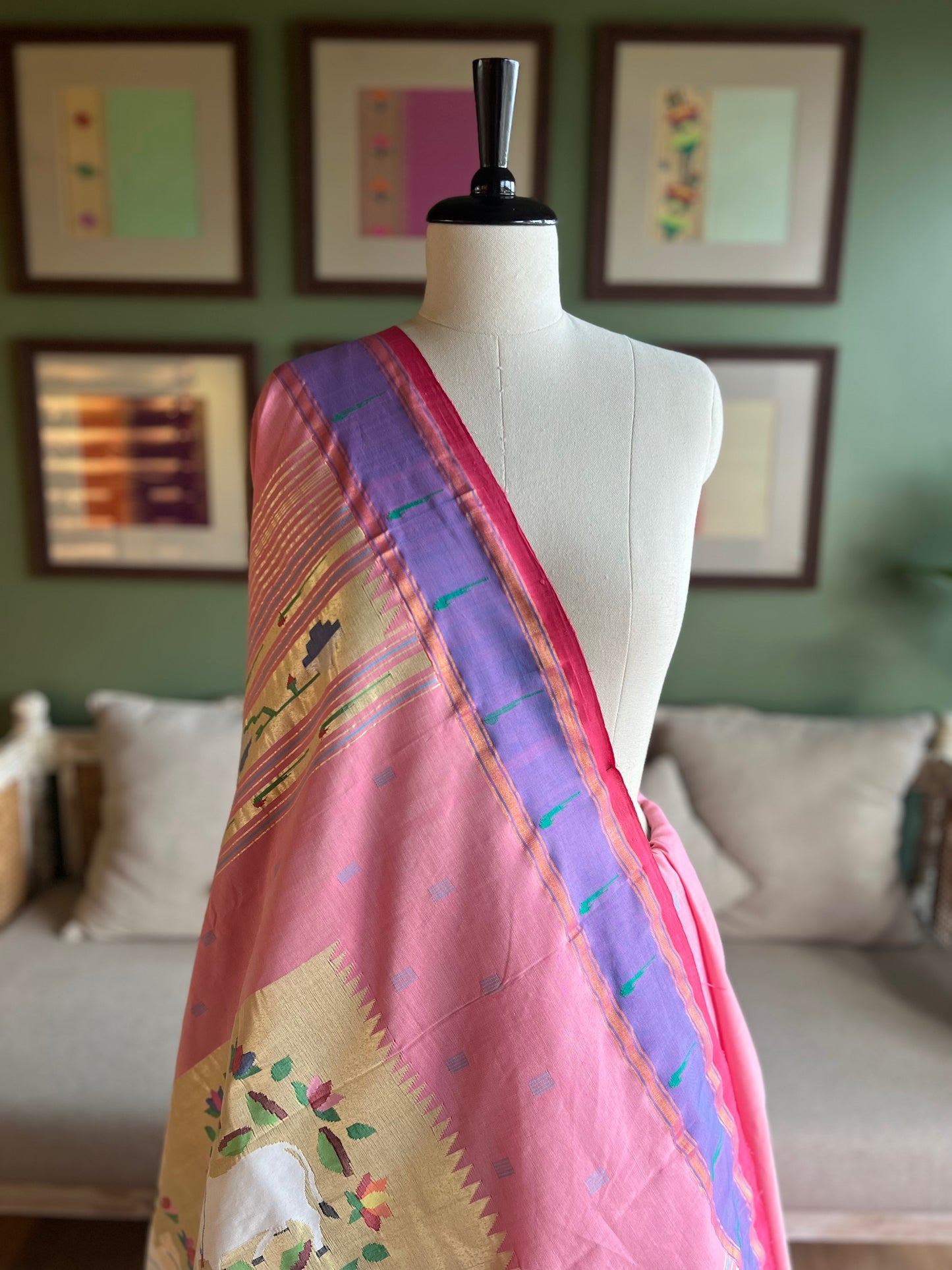 Pink Cotton Paithani with Muniya Border and Pichwai Pallu
